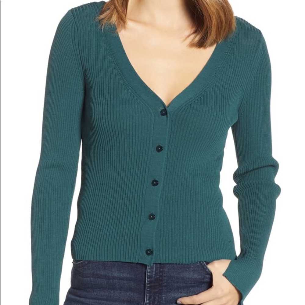 Leith V-Neck Reversible Cardigan Teal Sweater
